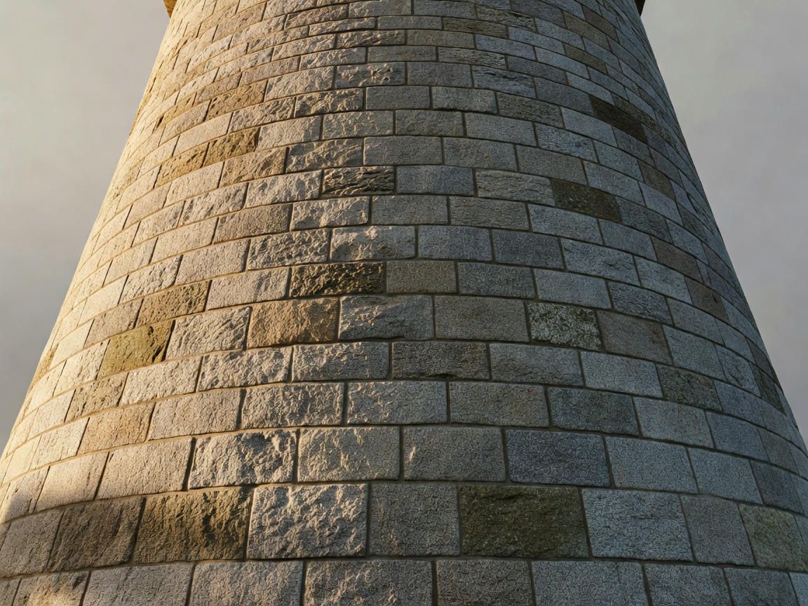 A close up showing the curved taper of a stone lighthouse tower
