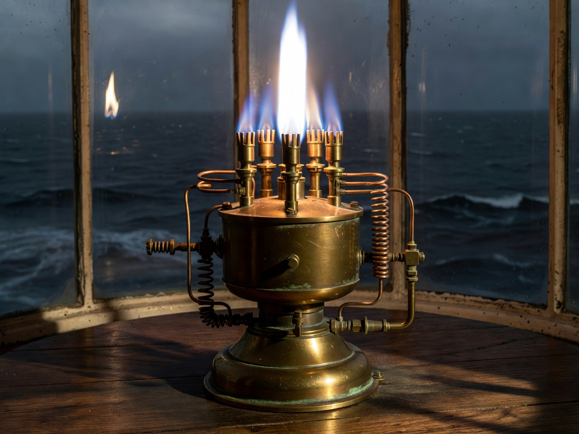 An antique brass vaporised oil burner lamp used in early lighthouses