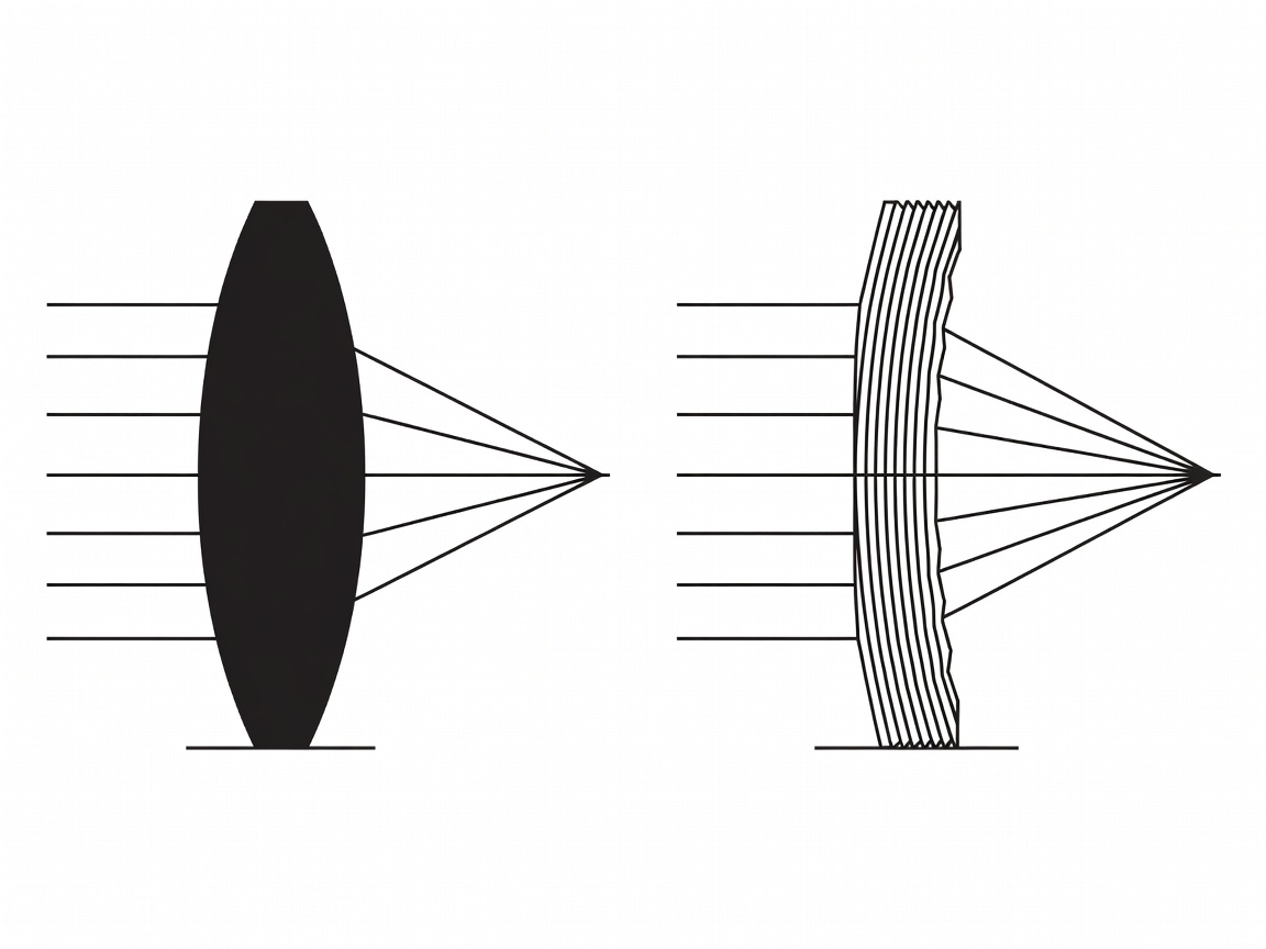 A technical diagram comparing a solid convex lens with the stepped profile of a Fresnel lens, showing how light rays are refracted