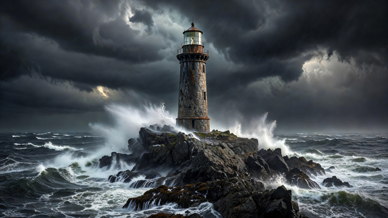 A realistic view of a stone lighthouse tower standing on a rocky outcrop against a moody Atlantic sky