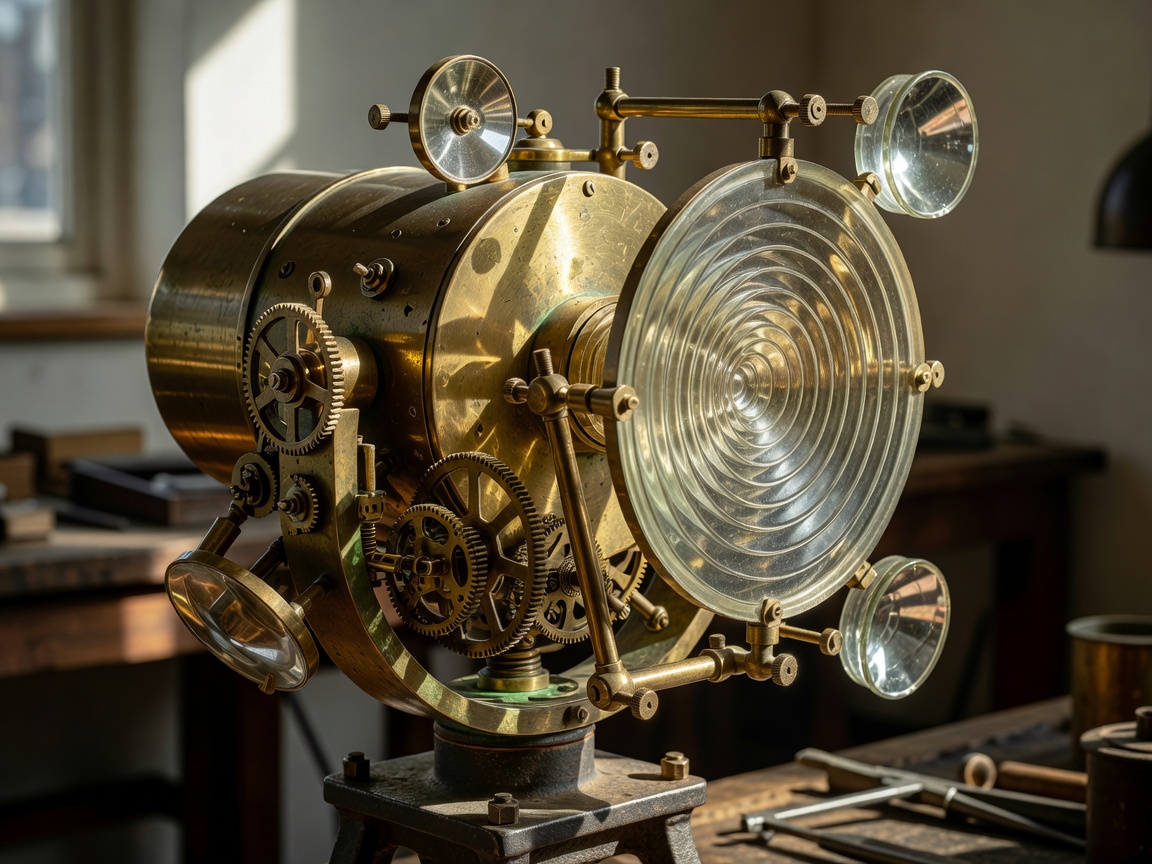Historical brass and glass optical beacon lamp mechanism