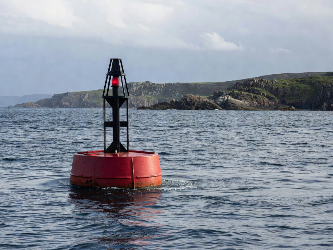 A red port-hand navigation buoy floating in a coastal channel