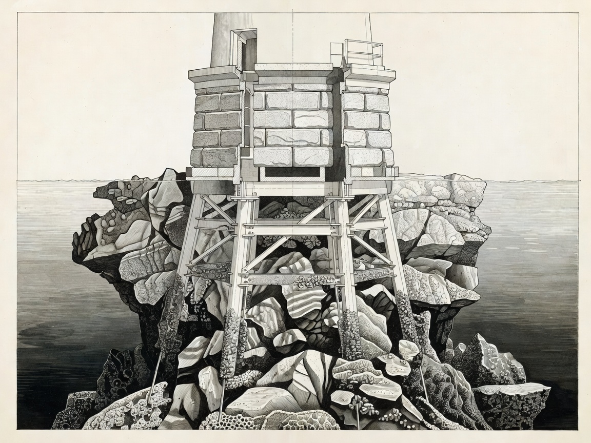 Engineering drawing showing a cross-section of a lighthouse foundation on a submerged reef