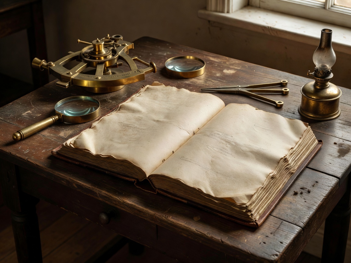 An antique lighthouse keeper's logbook open on a wooden desk alongside brass instruments