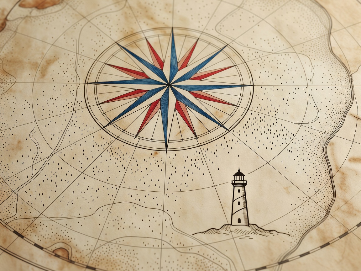 Close up of a traditional nautical chart showing a compass rose, depth soundings, and a lighthouse symbol
